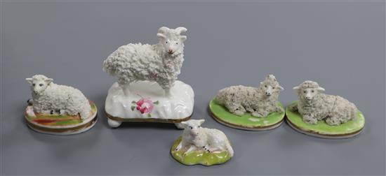 Five Staffordshire porcelain figures of sheep, c.1830-50, H. 2.8cm - 7.5cm